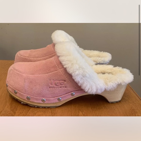 UGG Australia Kalie5426 Wooden Clog Wmns size 5 Pink Suede Shearling Lined Shoes - Picture 1 of 8